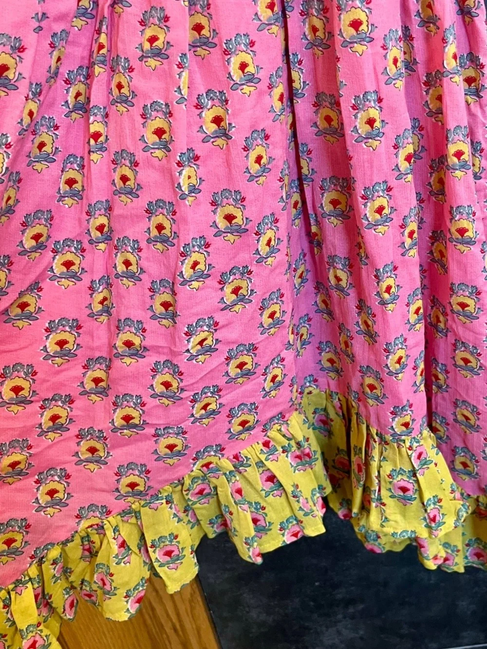 Mini Boden Handkerchief Hem Sleeveless Dress Yellow Pink Floral Print Girls 5-6Y